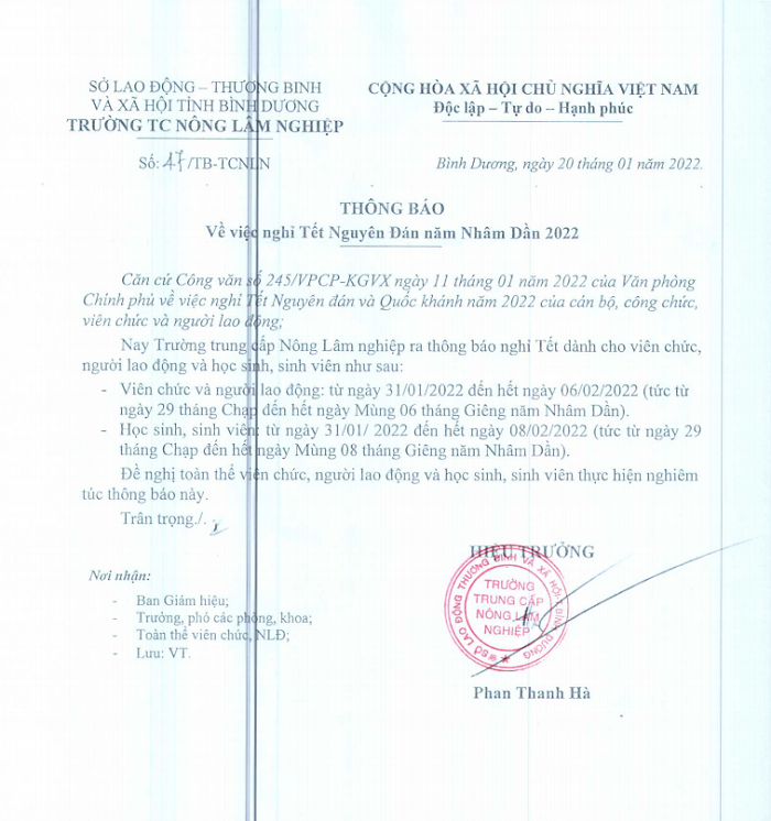 Lịch nghỉ Tết Nguyên đán Nhâm Dần 2022